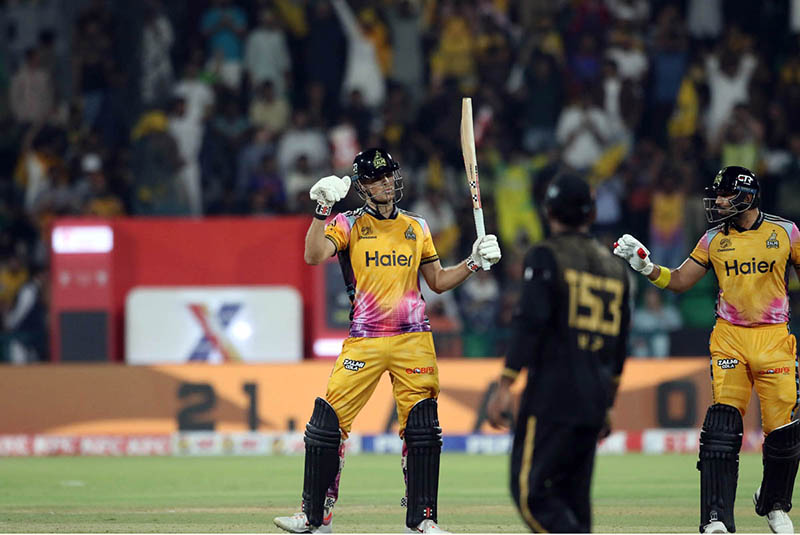 Peshawar Zalmi player Aaron Hardie celebrated after completed fifty runs during the Pakistan Super League (PSL 11) final match between Hyderabad Kingsmen and Peshawar Zalmi at Gaddafi Stadium
