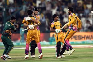Peshawar Zalmi player Aaron Hardie celebrated after completed fifty runs during the Pakistan Super League (PSL 11) final match between Hyderabad Kingsmen and Peshawar Zalmi at Gaddafi Stadium