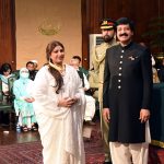 Punjab Governor Sardar Saleem Haider awards the Hilal-e-Imtiaz to Saira Naseem at Governor House