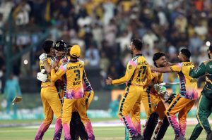 Peshawar Zalmi player Aaron Hardie celebrated after completed fifty runs during the Pakistan Super League (PSL 11) final match between Hyderabad Kingsmen and Peshawar Zalmi at Gaddafi Stadium