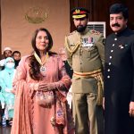 Punjab Governor Sardar Saleem Haider awards the Hilal-e-Imtiaz to Samina Peerzada at Governor House