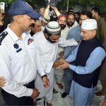 Prime Minister Muhammad Shehbaz Sharif exchanging Eid greetings with people after offers Eidul Azha prayers