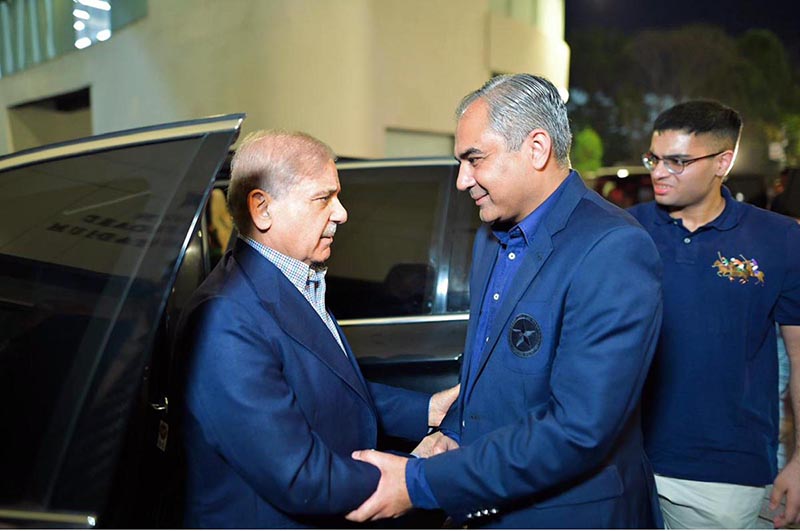 Chairman PCB Syed Mohsin Raza Naqvi receiving Prime Minister Muhammad Shehbaz Sharif upon his arrival at Gaddafi Stadium Lahore as a Chief Guest in PSL 11's Final