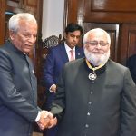 Sindh Governor Muhammad Nehal Hashimi awards the Hilal-e-Imtiaz to Sarosh Hashmat Lodhi at Governor House