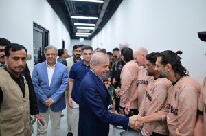 Prime Minister Muhammad Shehbaz Sharif meets the players of Peshawar Zalmi and Hyderabad Kingsmen, the finalists of the PSL at Qadafi Stadium