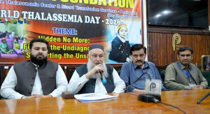 Chairman Hamza Foundation, Ijaz Ali Khan addressing during World Thalassemia Day 2026 event at Press Club.