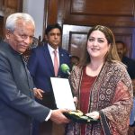 Sindh Governor, Syed Muhammad Nehal Hashmi awards the Hilal-e-Imtiaz to Fazila Qazi at Governor House