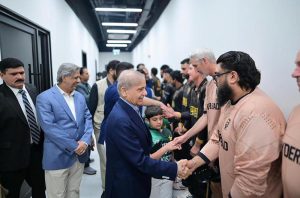 Prime Minister Muhammad Shehbaz Sharif meets the players of Peshawar Zalmi and Hyderabad Kingsmen, the finalists of the PSL at Qadafi Stadium