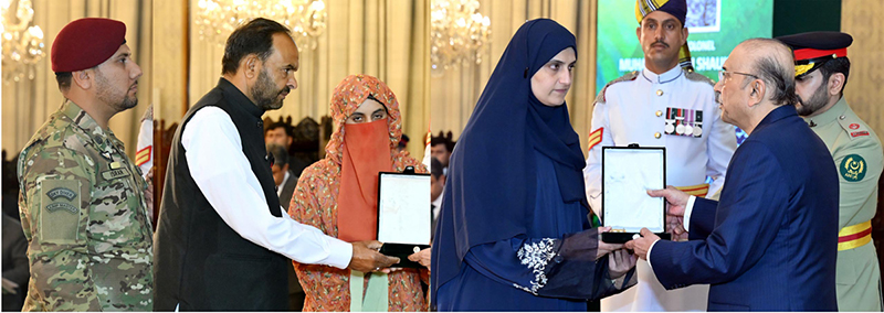 President Asif Ali Zardari conferred Sitara-e-Basalat upon the families of Lt Col Muhammad Ali Shaukat (Shaheed) and Sepoy Soban Majeed Baloch (Shaheed), alongwith SSG Sepoy Israr Muhammad, who recovered after sustaining serious injuries in a terrorist attack, during an investiture ceremony at Aiwan-e-Sadr