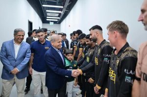 Prime Minister Muhammad Shehbaz Sharif meets the players of Peshawar Zalmi and Hyderabad Kingsmen, the finalists of the PSL at Qadafi Stadium