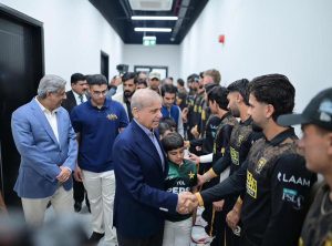 Prime Minister Muhammad Shehbaz Sharif meets the players of Peshawar Zalmi and Hyderabad Kingsmen, the finalists of the PSL at Qadafi Stadium