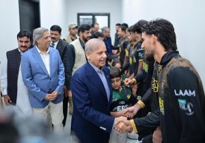 Prime Minister Muhammad Shehbaz Sharif meets the players of Peshawar Zalmi and Hyderabad Kingsmen, the finalists of the PSL at Qadafi Stadium
