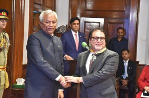 Sindh Governor, Syed Muhammad Nehal Hashmi awards the Hilal-e-Imtiaz to Dr. Syed Mehmood Shah at Governor House