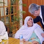 Federal Minister for Interior Mohsin Naqvi meets the families of police personnel martyred in Bannu during his visit to the Police Headquarters