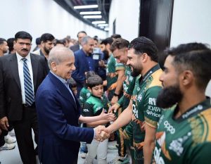 Prime Minister Muhammad Shehbaz Sharif meets the players of Peshawar Zalmi and Hyderabad Kingsmen, the finalists of the PSL at Qadafi Stadium