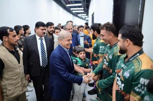Prime Minister Muhammad Shehbaz Sharif meets the players of Peshawar Zalmi and Hyderabad Kingsmen, the finalists of the PSL at Qadafi Stadium