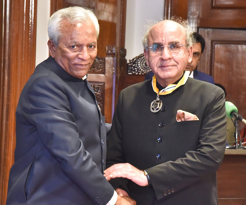 Sindh Governor, Syed Muhammad Nehal Hashmi confers the Hilal-e-Imtiaz to Prof. Dr. Mujeeb-ud-Din Memon at Governor House