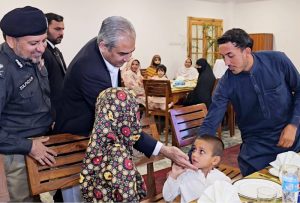 Federal Minister for Interior Mohsin Naqvi meets the families of police personnel martyred in Bannu during his visit to the Police Headquarters
