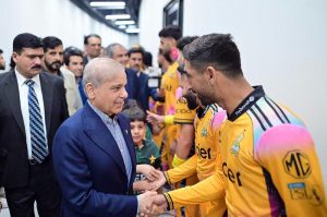 Prime Minister Muhammad Shehbaz Sharif meets the players of Peshawar Zalmi and Hyderabad Kingsmen, the finalists of the PSL at Qadafi Stadium