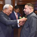 Sindh Governor, Syed Muhammad Nehal Hashmi confers civil award the Hilal-e-Imtiaz to Abid Hussain Lashari at Governor House