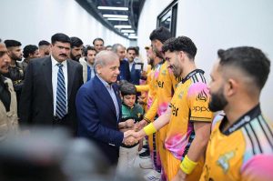 Prime Minister Muhammad Shehbaz Sharif meets the players of Peshawar Zalmi and Hyderabad Kingsmen, the finalists of the PSL at Qadafi Stadium