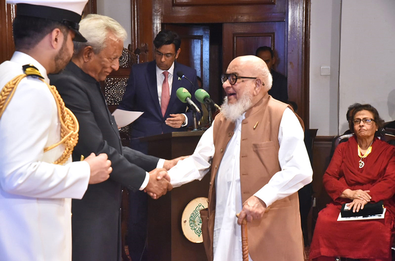 Sindh Governor, Syed Muhammad Nehal Hashmi confers civil award the Hilal-e-Imtiaz to Zikria Muhammad Ismail Godel at Governor House