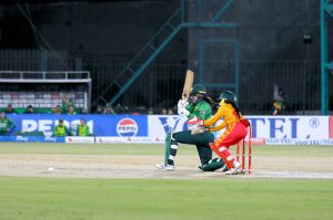 Pakistan Women's player plays a shot during the Women's Cricket 2nd T-20 match between Pakistan and Zimbabwe