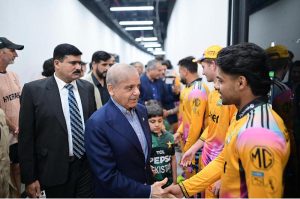 Prime Minister Muhammad Shehbaz Sharif meets the players of Peshawar Zalmi and Hyderabad Kingsmen, the finalists of the PSL at Qadafi Stadium