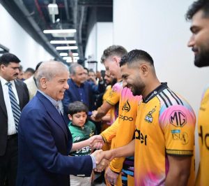Prime Minister Muhammad Shehbaz Sharif meets the players of Peshawar Zalmi and Hyderabad Kingsmen, the finalists of the PSL at Qadafi Stadium