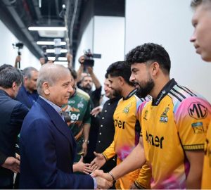 Prime Minister Muhammad Shehbaz Sharif meets the players of Peshawar Zalmi and Hyderabad Kingsmen, the finalists of the PSL at Qadafi Stadium