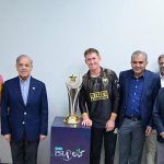 Prime Minister Muhammad Shehbaz Sharif with the captains of Peshawar Zalmi & Hyderabad Kingsmen and the Trophy of PSL 11