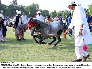 A horse rider aims his target during tent pegging at the opening ceremony of the All Pakistan Universities Football Championship hosted by the University of Sargodha.