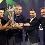 Peshawar Zalmi Captain Babar Azam receives the trophy from PCB Chairman Mohsin Naqvi after winning the Pakistan Super League (PSL 11) final match between Hyderabad Kingsmen and Peshawar Zalmi at Gaddafi Stadium