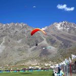 A view of paratrooper demonstrating his skills during the opening ceremony of the Shandur Polo Festival 2026 at the world’s highest polo ground