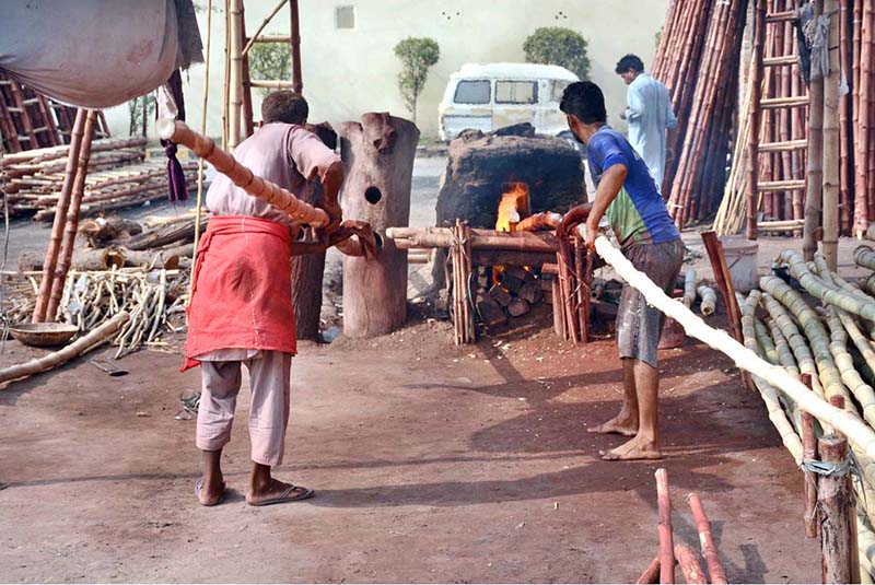 Workers are busy giving heat to straighten the bamboos at their workplace