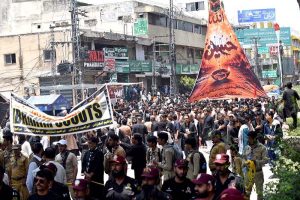 A large number of mourners attending the procession on 10th of the Holy Month of Muharramul Harram. Muharram is the mourning month in remembrance of the Shahadat of Hazrat Imam Hussain (RA), the Grandson of the Holy Prophet Mohammad (PBUH)