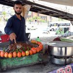 A vendor busy in frying ‘Tawa Kaleji’ for customers at his roadside setup in the Federal Capital