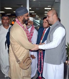 MNA, Bilal Badar Chaudhary receiving pilgrims of first Hajj flight at Faisalabad International Airport returning from Saudi Arabia