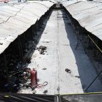 A devastating view of burnt and charred shops at H-9 Bazaar following a major fire incident that gutted scores of commercial stalls in the market a few days ago
