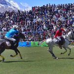 A view of free style polo match between Chitral Laspur and Gheezar teams during the opening ceremony of Shandur Polo Festival 2026 at the world’s highest polo ground