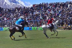 A view of free style polo match between Chitral Laspur and Gheezar teams during the opening ceremony of Shandur Polo Festival 2026 at the world’s highest polo ground