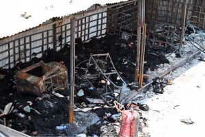 A devastating view of burnt and charred shops at H-9 Bazaar following a major fire incident that gutted scores of commercial stalls in the market a few days ago