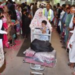 Pilgrims of first Hajj flight are being received by their relatives at Faisalabad International Airport on their returning from Saudi Arabia