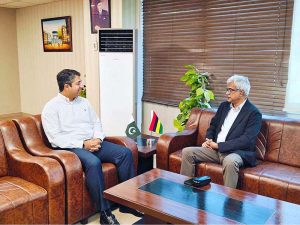 Coordinator to the Prime Minister on Commerce, Rana Ihsaan Afzal Khan, meets H.E. Mervin N. Chedumbarum of the Ministry of Foreign Affairs, Republic of Mauritius, to discuss strengthening bilateral trade, investment and economic cooperation between Pakistan and Mauritius.