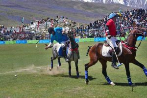 A view of free style polo match between Chitral Laspur and Gheezar teams during the opening ceremony of Shandur Polo Festival 2026 at the world’s highest polo ground