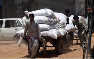 Labourers struggle to pull and push a heavily loaded cart piled high with sacks of goods through a dusty road near Gunj Mandi, reflecting the daily hardships faced by working-class people amid the scorching summer heat