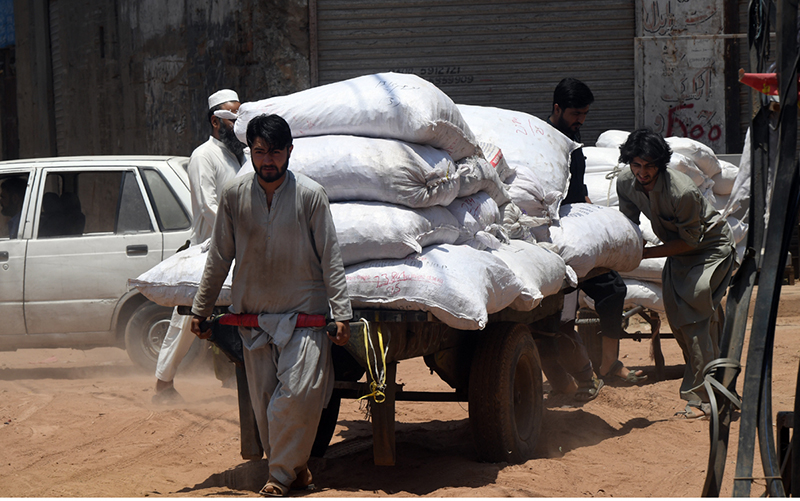 Labourers struggle to pull and push a heavily loaded cart piled high with sacks of goods through a dusty road near Gunj Mandi, reflecting the daily hardships faced by working-class people amid the scorching summer heat