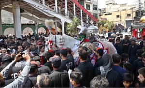 A large number of mourners attending the procession on 10th of the Holy Month of Muharramul Harram. Muharram is the mourning month in remembrance of the Shahadat of Hazrat Imam Hussain (RA), the Grandson of the Holy Prophet Mohammad (PBUH)