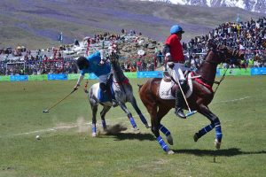 A view of free style polo match between Chitral Laspur and Gheezar teams during the opening ceremony of Shandur Polo Festival 2026 at the world’s highest polo ground