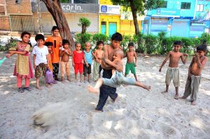 Children participate in a traditional Malakhra wrestling match at a local park in the Katcha Fort area, keeping alive the centuries-old folk sport still popular among the youth of Sindh.